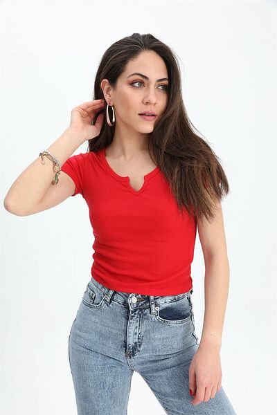 VAPUR TEKSTİL T-shirt Pear Neck Short Sleeve - Red
