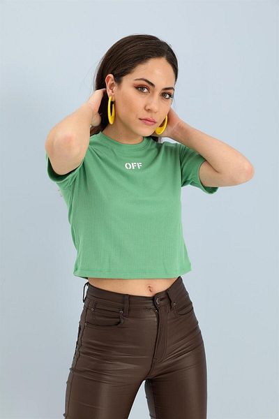 VAPUR TEKSTİL Tricou Crop Verde - Decolteu Crew, Off Text