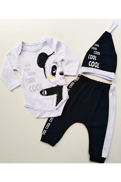 Miniworld Cool Panda Patterned Unisex Baby Black-White 3-Piece Set