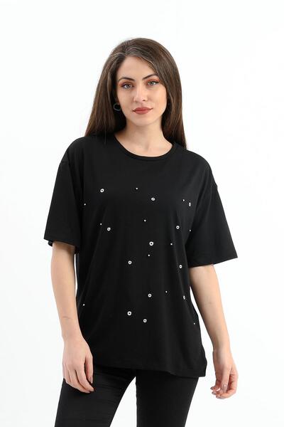 VAPUR TEKSTİL Crew Neck Ring and Bead Detailed T-shirt - Black