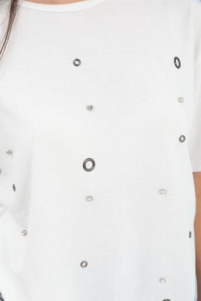 VAPUR TEKSTİL T-shirt Crew Neck with Ring and Stone Detail - Ecru
