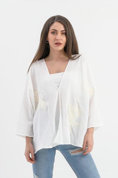 VAPUR TEKSTİL Ecru Linen Kimono - Sequin and Süzene Embroidered