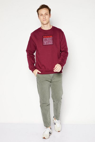 Vision Street Wear Men Crew Neck Long Sleeve Embroidered Logo Sweatshirt, Maroon