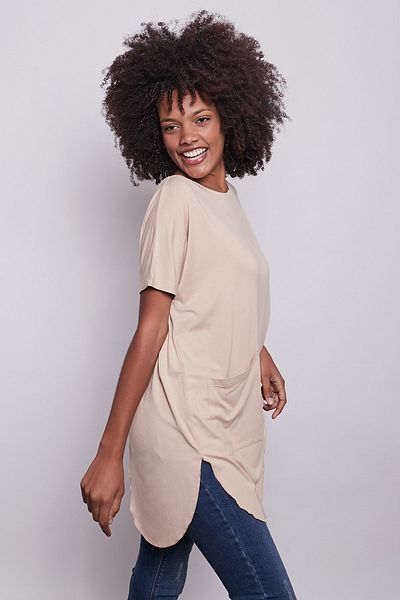 Jument Viscose Lycra Combed Cotton Wide 0-Collar Asymmetrical Pocket Detailed T-shirt -beige