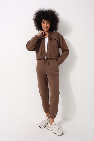 AMİDA Brown High Collar Crop Jacket Women's Tracksuit with Jogger Pants Double Set - 2455
