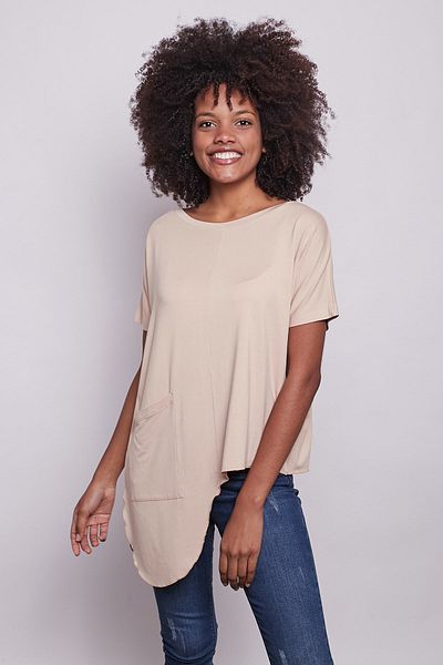 Jument Viscose Lycra Combed Cotton Wide 0-Collar Asymmetrical Pocket Detailed T-shirt -beige