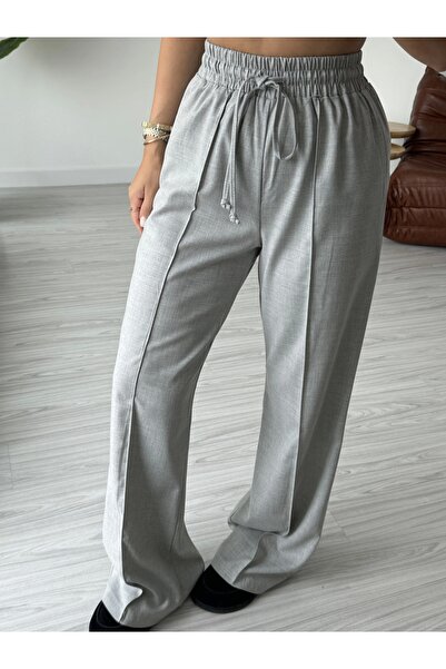 KÜBRA SÖYLEMEZ BOUTİQUE بنطلون رمادي مضلع بخصر مربوط