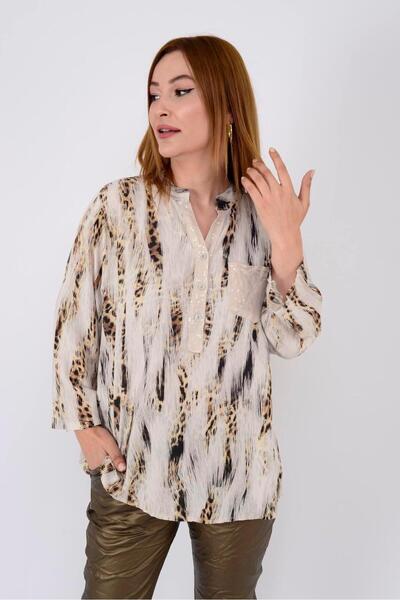 Park Moda 15451-7 Çizgi Leopar Desen Pul Detaylı 3 Düğmeli Gömlek