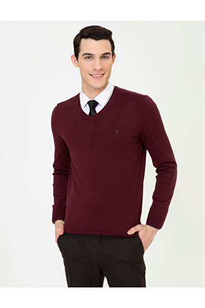 Pierre Cardin Claret Red Slim Fit V-Neck Basic Knitwear Sweater 50248554-Vr014