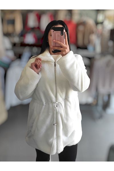 Sublime Butik Γυναικεία βελούδινη ζακέτα με μακριά χιονάτη μέση με κορδόνι με φερμουάρ