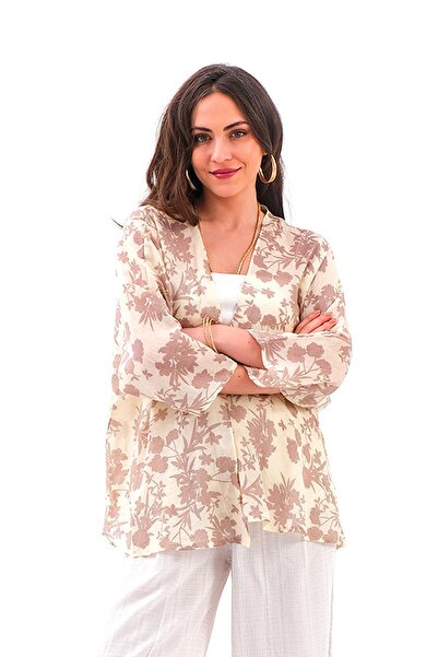 VAPUR TEKSTİL Brown Floral Patterned Three-Quarter Kimono