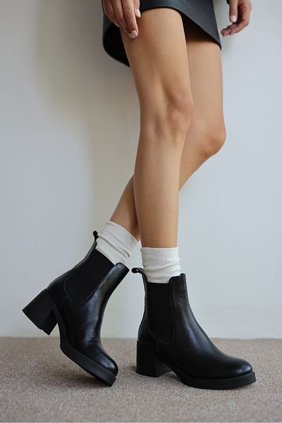 selinshoes Heleni Genuine Leather Blunt Toe Elastic High Heel Women's Boots - Black Leather