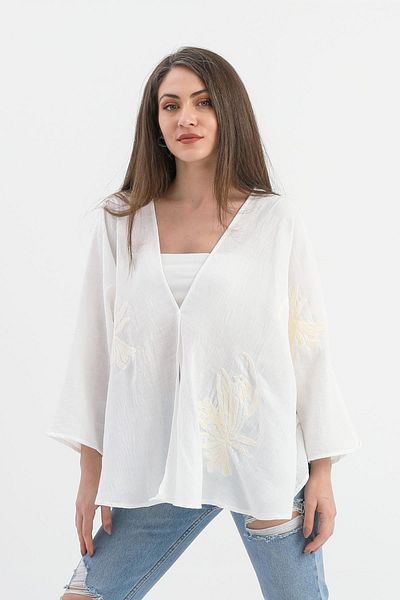 VAPUR TEKSTİL Ecru Linen Kimono - Sequin and Süzene Embroidered
