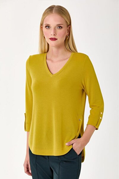 İKİLER V Yaka Kolları ve Eteği Çıtçıt Detaylı Bluz 245-1013