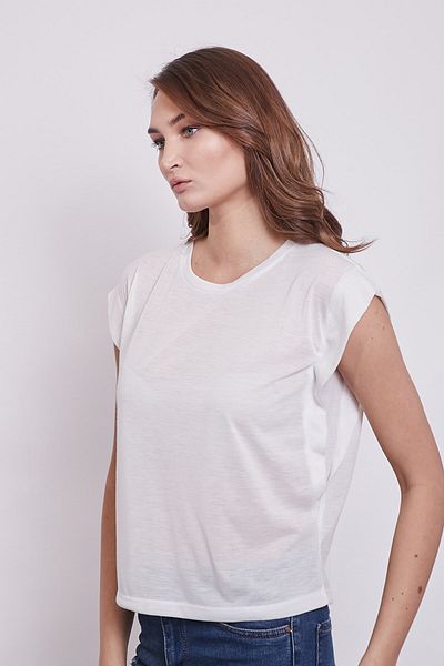 Jument Lycra-Free Cotton Wide Crew Neck Low Shoulder T-shirt-cream