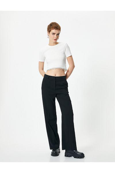 Koton Stoned T-Shirt Crop Short Sleeve Crew Neck Ribbed