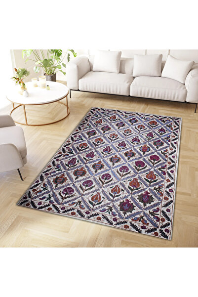 Rugs Modern Halı Melisa Koleksiyonu Mavi Bordo Lale ve Çiçek Desenli Dokuma T...