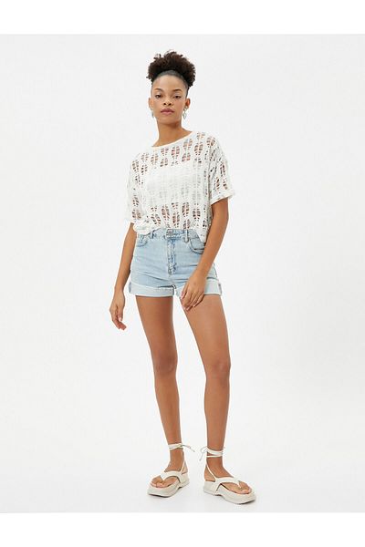 Koton Openwork Crochet - Short Sleeve Round Neck Crop T-Shirt