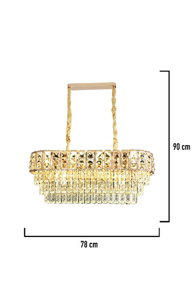 Apliqa Della Sıralı 40 Watt Dikdörtgen Gold Kristal Taşlı Yemek Masası Üstü, Salon Avize
