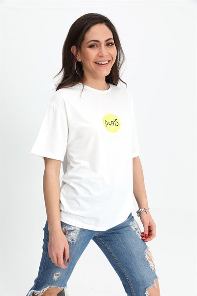 VAPUR TEKSTİL T-shirt Bisiklet Yaka Önü ve Arkası Baskılı - Ekru