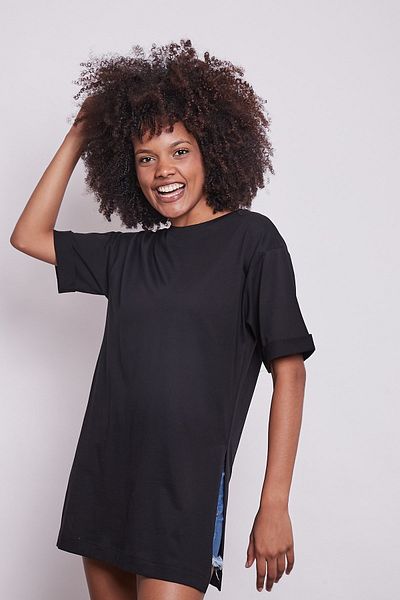 Jument Lycra-free Cotton Crew Neck Loose Double Sleeve Side Slit Oversize Tshirt-black