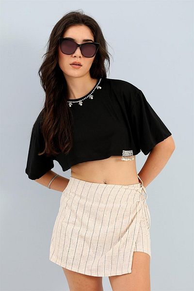 VAPUR TEKSTİL Pantaloni scurți Fustă Elastic Spate Talie In dungi - Negru