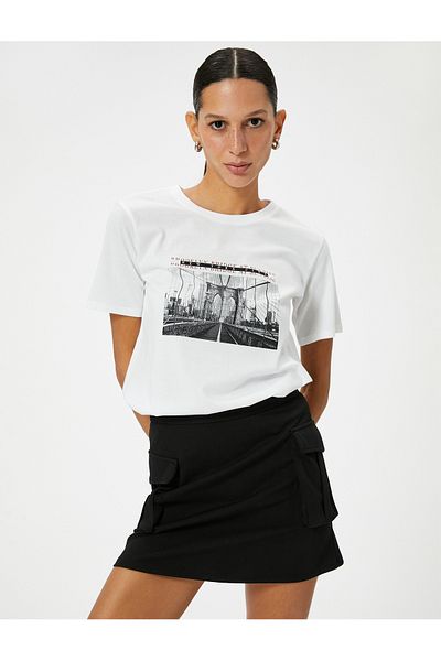 Koton Tricou cu mânecă scurtă imprimat din bumbac cu decolteu