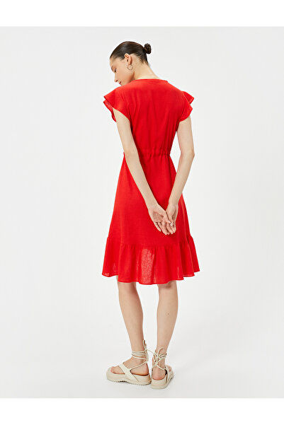 Koton Asymmetric Cut Linen Shirt Dress - Ruffled Waist, V-neck