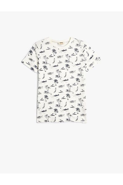 Koton Tropical Printed Short Sleeve Crew Neck Cotton T-Shirt