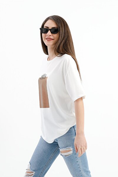 VAPUR TEKSTİL Ecru Crew Neck Printed T-shirt