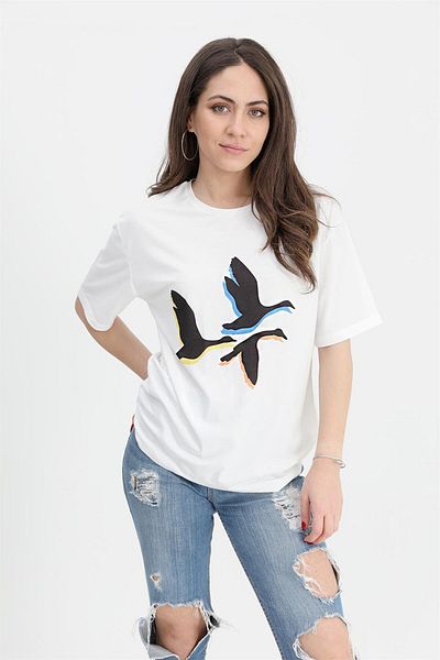 VAPUR TEKSTİL Tricou ecru cu imprimeu cu pasăre