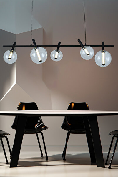 Apliqa Neval 5'li Sıralı Siyah  Gold 7 Watt Yemek Masası Üstü, Salon Sarkıt Avize