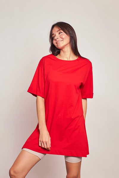 Jument Lycra-free Cotton Crew Neck Loose Double Sleeve Side Slit Oversize Tshirt- -Red