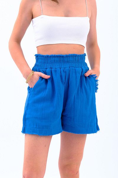 VAPUR TEKSTİL Pantaloni scurți de muselină Indigo - Detaliat cu ciucuri și spălat