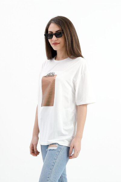 VAPUR TEKSTİL Ecru Crew Neck Printed T-shirt