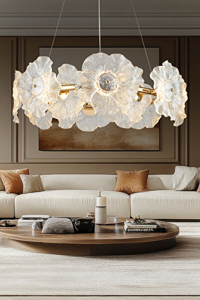 Apliqa Mael 60 Watt Gold Çiçek Desenli Kristal Taşlı Modern Salon Led Sarkıt ...