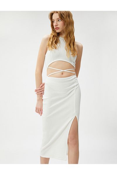 Koton Ribbed Midi Dress - Window Detail Slit Halter Neck Wrap