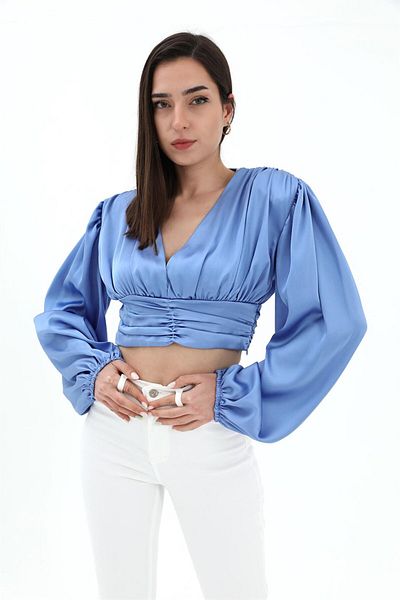 Moka Shopin Bluză drapată cu mânecă cu balon albastru - MokaShopin