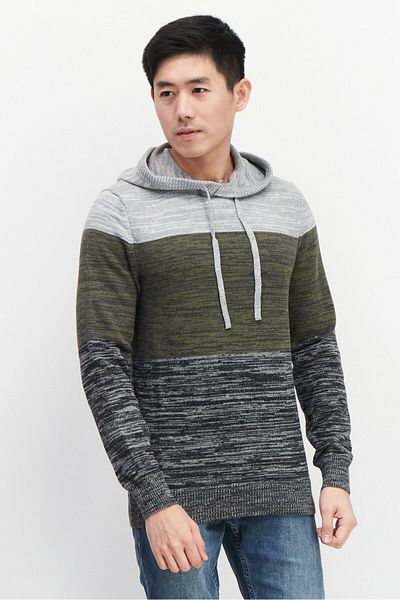 Sun Stone Men Hooded Textured Long Sleeves Sweatshirt, Grey