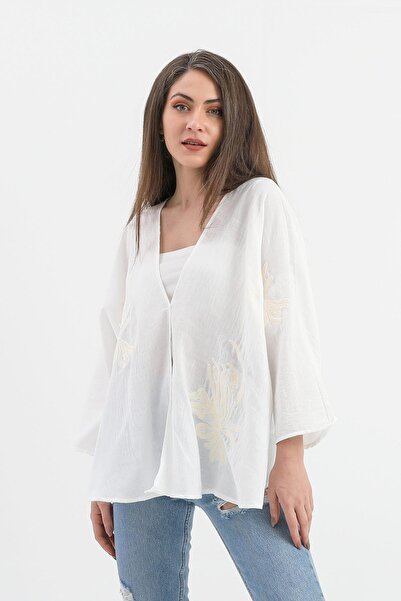 VAPUR TEKSTİL Ecru Linen Kimono - Sequin and Süzene Embroidered