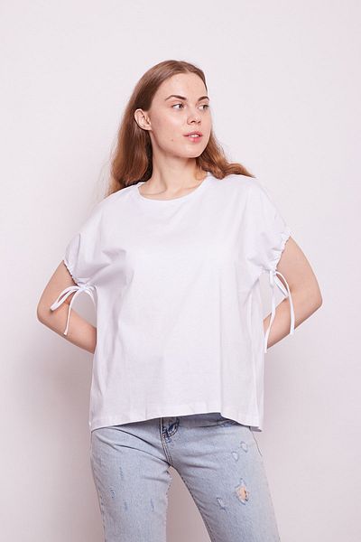 Jument Lycra-free Cotton Wide Crew Neck Drop Shoulder Sleeves Lace-up T-shirt -white