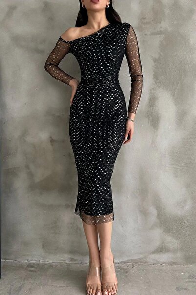 Deafox Fekete egy vállú pöttyös mintás aranyozott tüll ruha