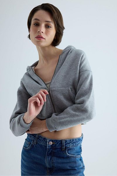 TUBİA Women's Gray Color Hooded Hooded Crop Sweatshirt Cardigan
