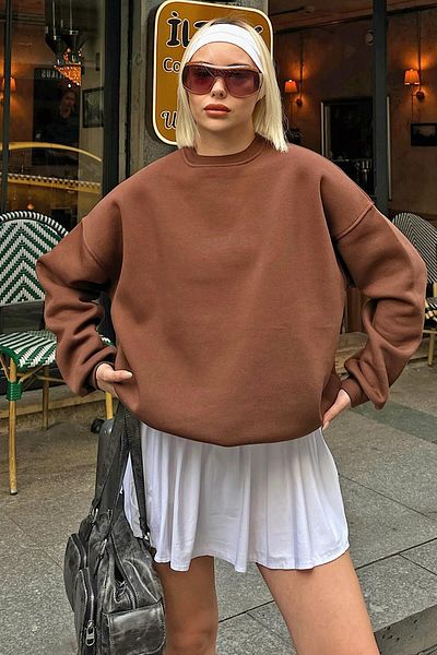 Swist Γυναικείο φούτερ καφέ Walk Crew Neck Basic Oversize με Fleece στο εσωτερικό