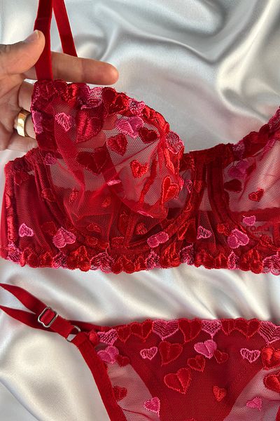 M&A Özaltın Valentine's Day Special Silk Satin Set in Red Heart Dress (Hidden Shipping)