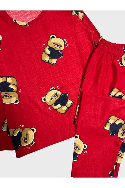 Fil Kids Girl's Cotton Suede Fabric Red Teddy Bear Patterned Long Sleeve Pajama Set