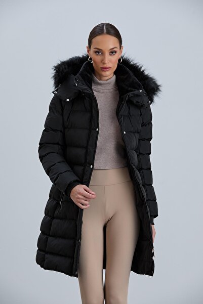 PIQUE Kadın Kaban Mont Fermuarlı Detaylı Kürk Yakalı Rahat Kalıp