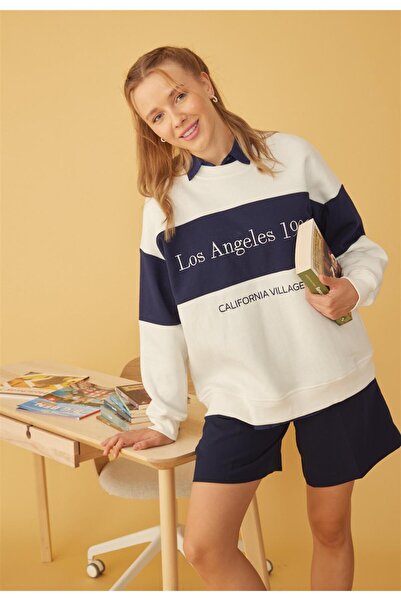 TUBİA Hanorac de damă, culoare ecru, albastru bleumarin, cu imprimeu Los Angeles