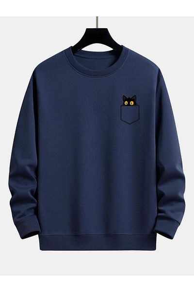KUAS Unisex Women'S/Men's Scared Ki̇tty Printed Oversize Crew Neck 3 Thread Cotton Sweatshirt
