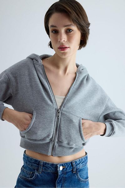 TUBİA Women's Gray Color Hooded Hooded Crop Sweatshirt Cardigan